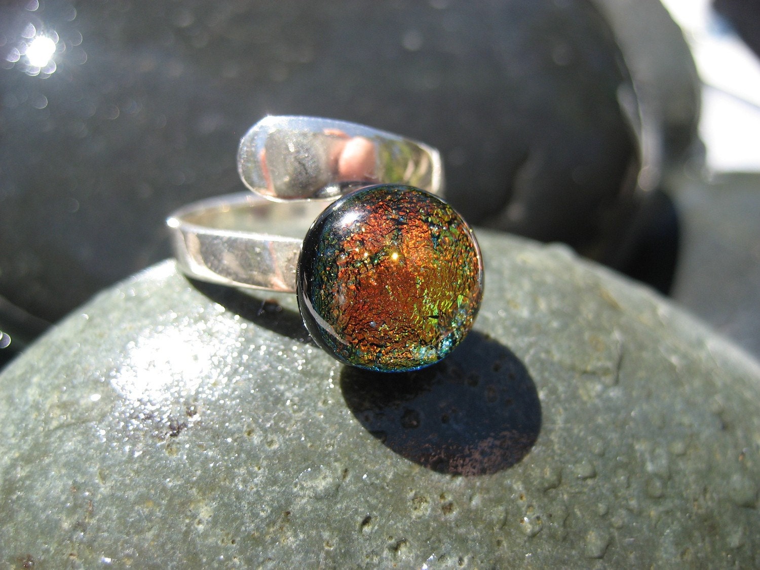 Amber Flame adjustable fused glass & dichroic ring