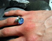 Misty Blues fused glass & dichroic adjustable ring