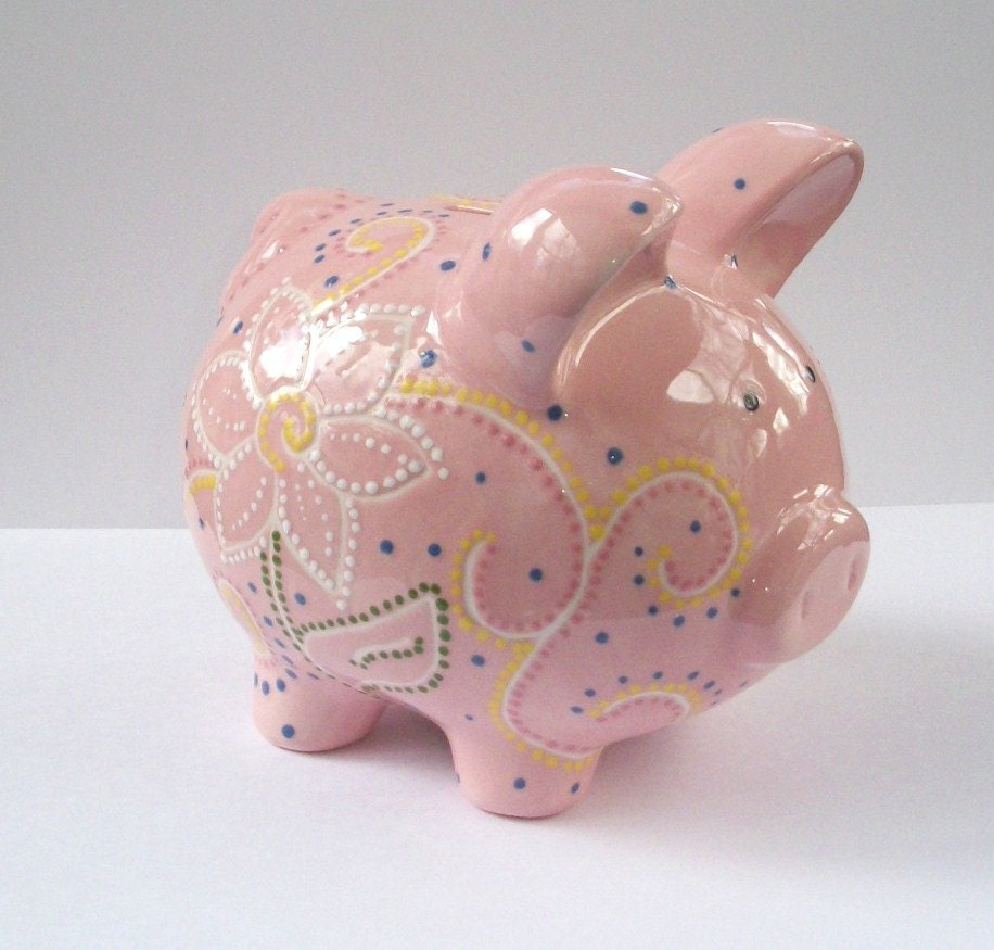 Hand painted Ceramic Piggy Bank - Pink - Flowers and Swirls