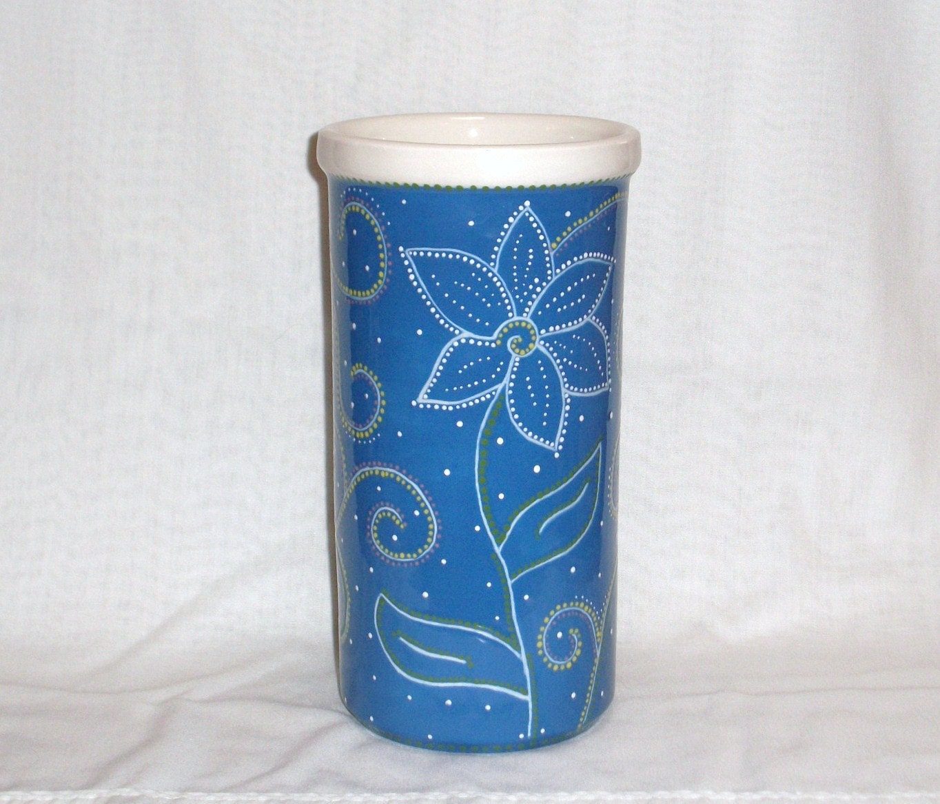 Ceramic Wine Cooler/Holder, Vase - Hand Painted - Blue - Flowers & Swirls
