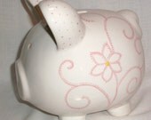 Piggy Bank - Ceramic- Hand Painted- Pink Flowers and Swirls