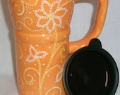 Eco Friendly Ceramic Travel Mug w/lid - Orange- Flowers & Swirls
