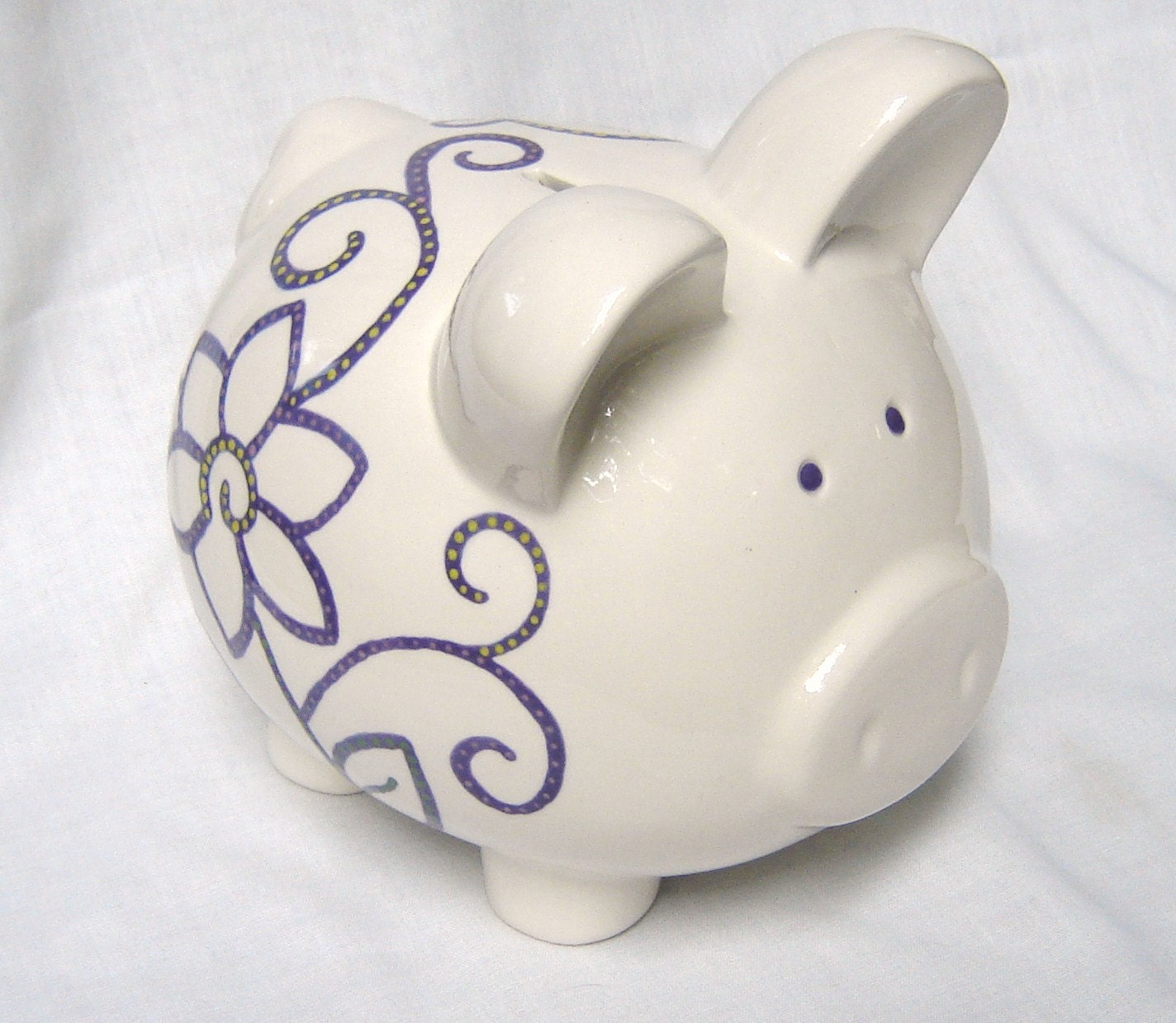 Ceramic Piggy Bank - Hand Painted- Purple Flowers and Swirls baby girl