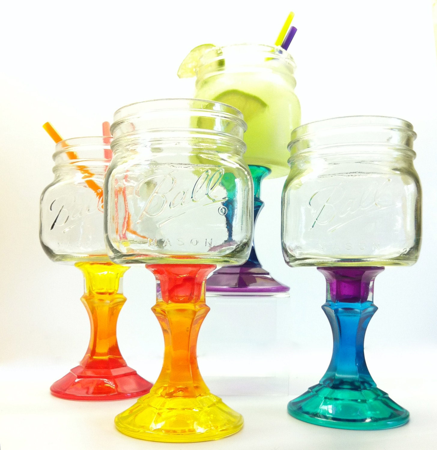 Four Rainbow Mason Jar Wine Glasses