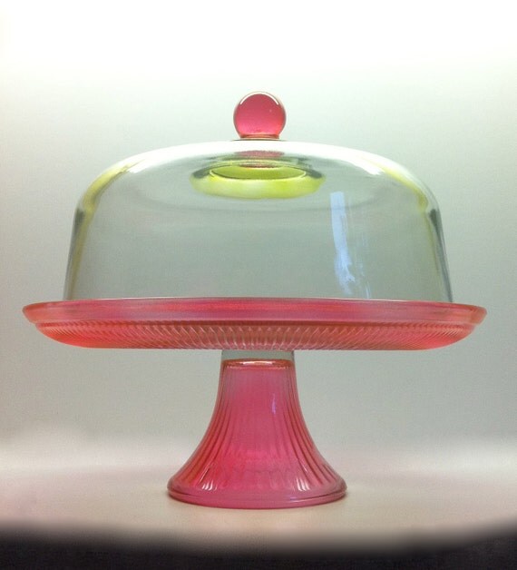 Full Size Cake Stand with Full Size Dome in Rose Pink with a Hint of Green