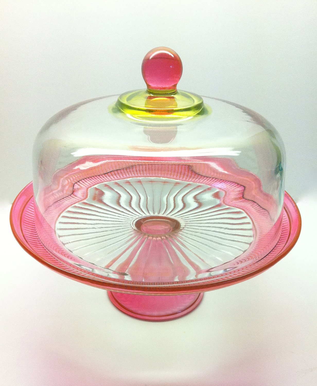 Full Size Cake Stand with Full Size Dome in Rose Pink with a Hint of Green
