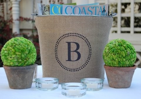 Monogram Burlap Bucket Pail for Wedding or Home....charming rustic vintage appeal personalized just for you.
