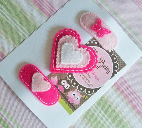Set of 3 Felt Hair Clips. Made with 100 Pecent Wool Felt. Baby. Girls.LOVE is PINK. Valentines Day.