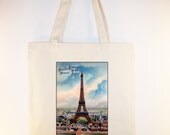Vintage Eiffel Tower Paris Postcard on 15x15 Canvas Tote -- other bag sizes available