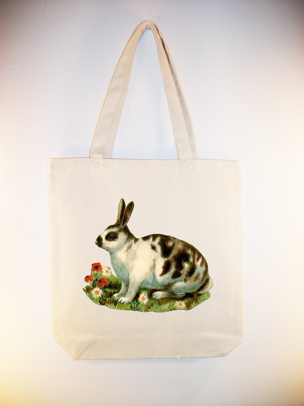 Vintage Spotted Bunny Rabbit illustration transferred onto 15x15 Canvas Tote -- other bag sizes available