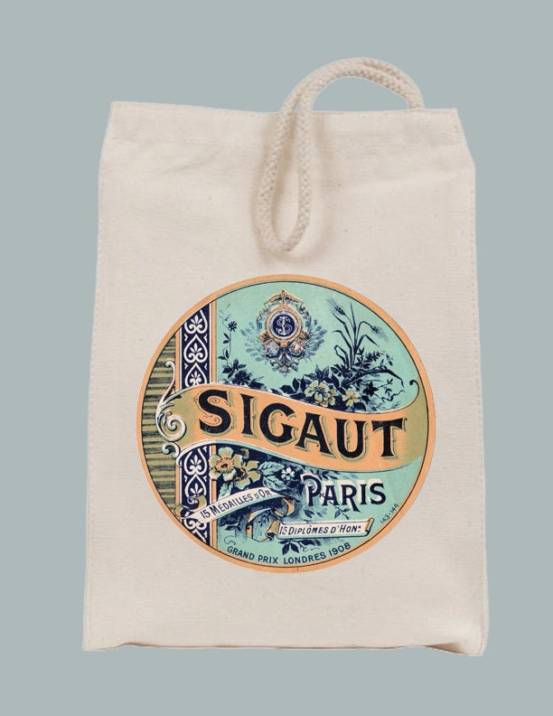 Vintage Parisian Sigaut Label Lunch Bag Tote with Velcro closure and Rope Handle