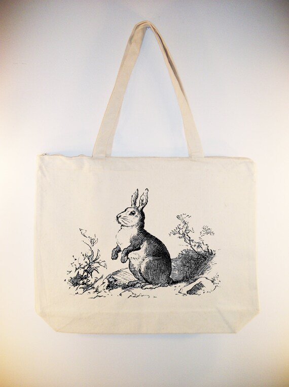Vintage Bunny Rabbit illustration on Canvas Bag with zipper top and shoulder strap - available in other sizes and colors