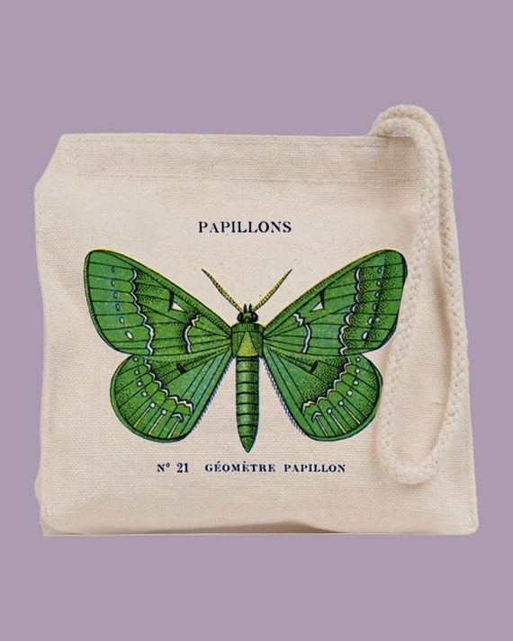 Vintage French Papillon Butterfly Canvas Wristlet / Mini Tote / Bridesmaid clutch - personalization available