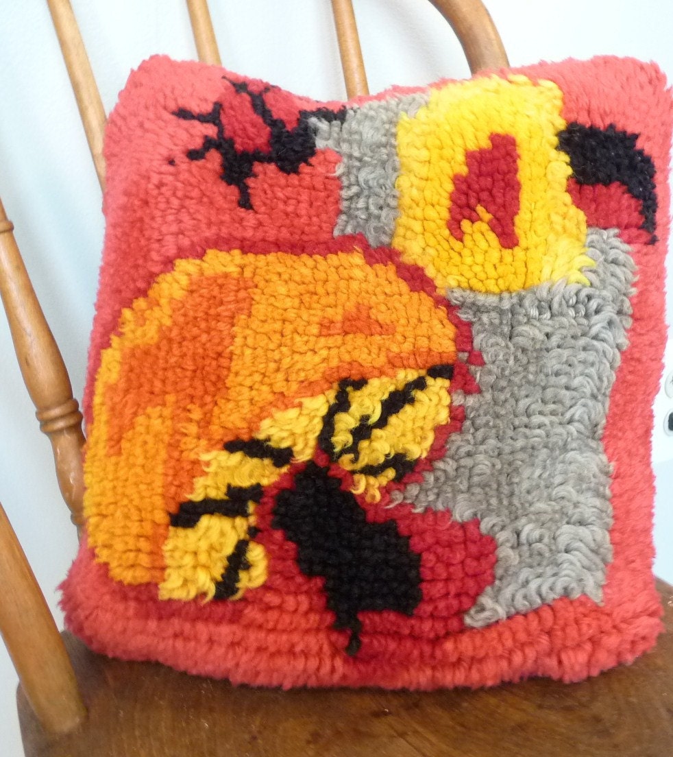 Vintage 60's Mid Century Mod Mushroom shaggy wool HAnd Hooked Pillow