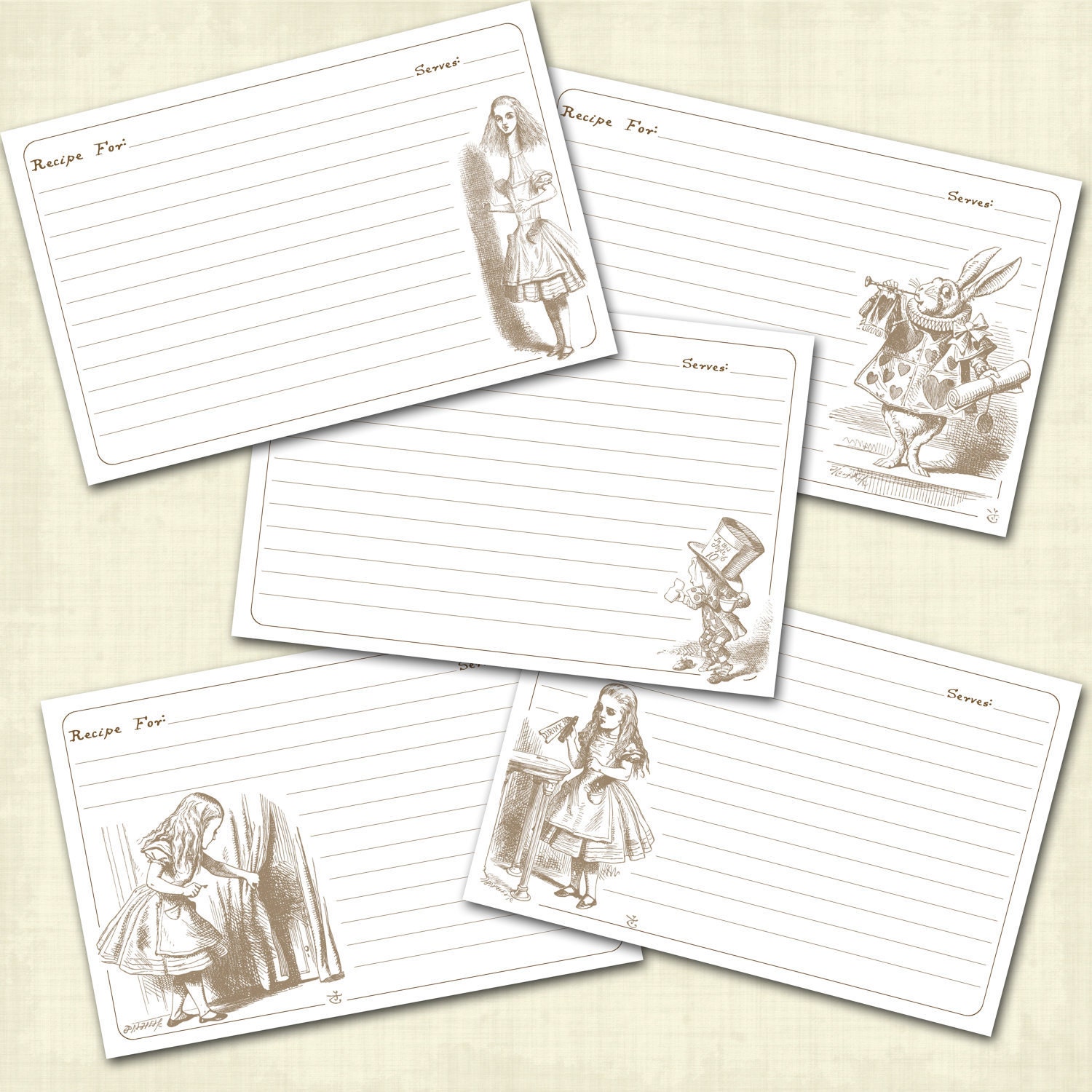Alice in Wonderland themed recipe cards 4x6 printable -set of 10
