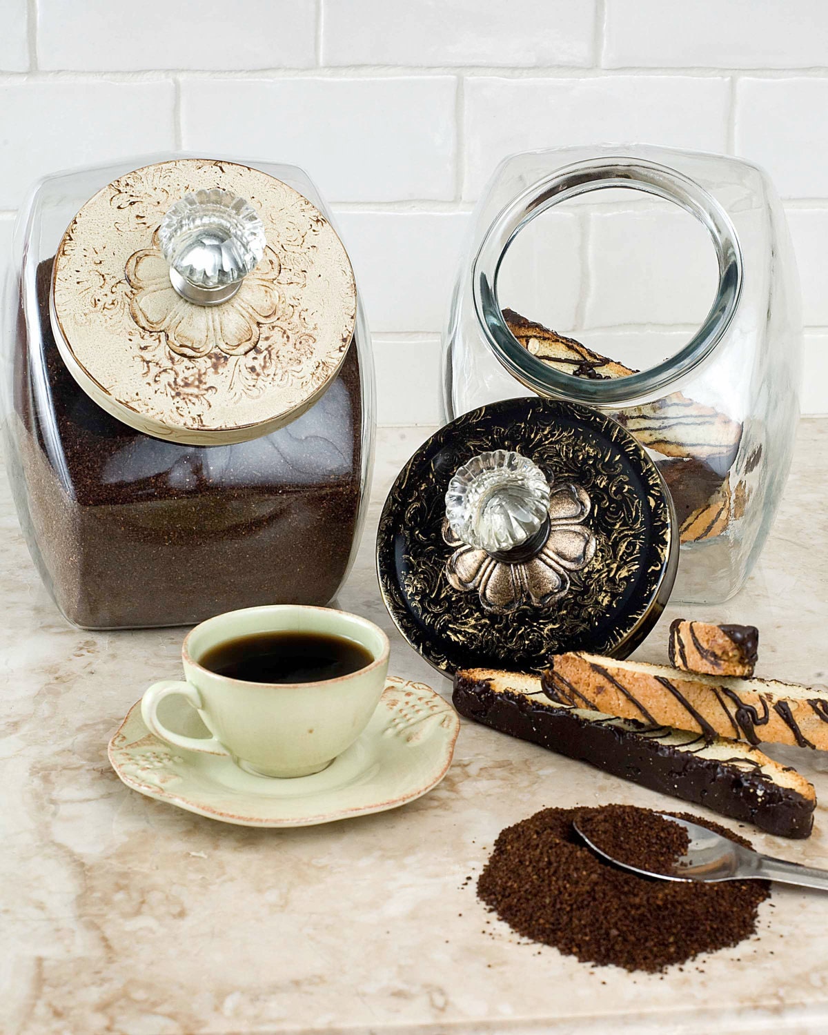 Hand Painted Cookie Jar Regal Black & Gold Vintage Style with gorgeous glass knob by Countertop Couture