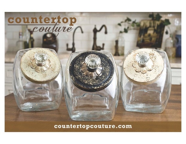 Hand Painted Cookie Jar Regal Black & Gold Vintage Style with gorgeous glass knob by Countertop Couture