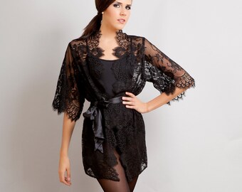 Ready to ship - Swan Queen Bridal Scalloped Lace kimono robe black XS S M L custom - getting ready
