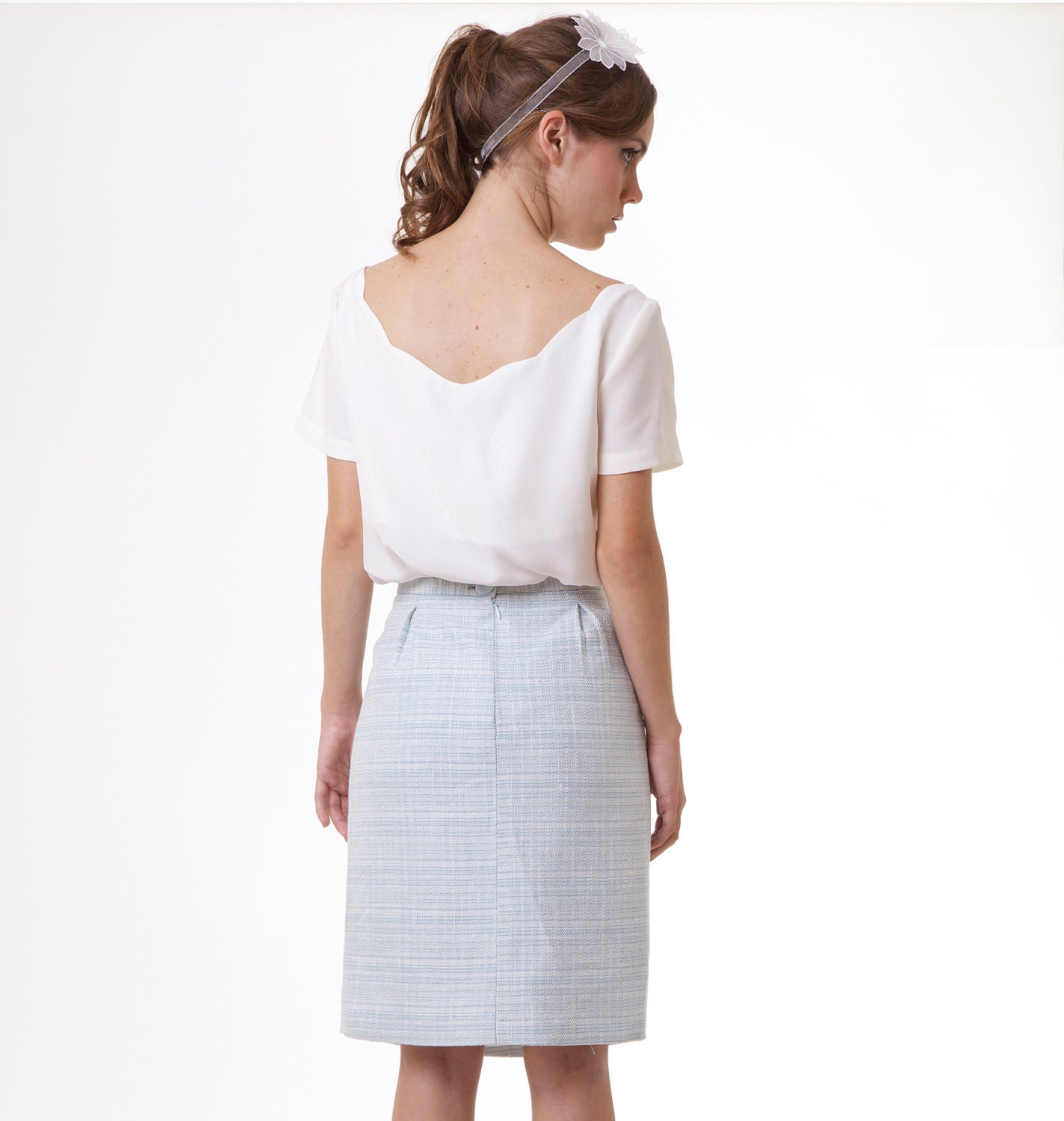 Ready to ship - First Date Silk scalloped blouse shirt top off white Spring pastels S M L