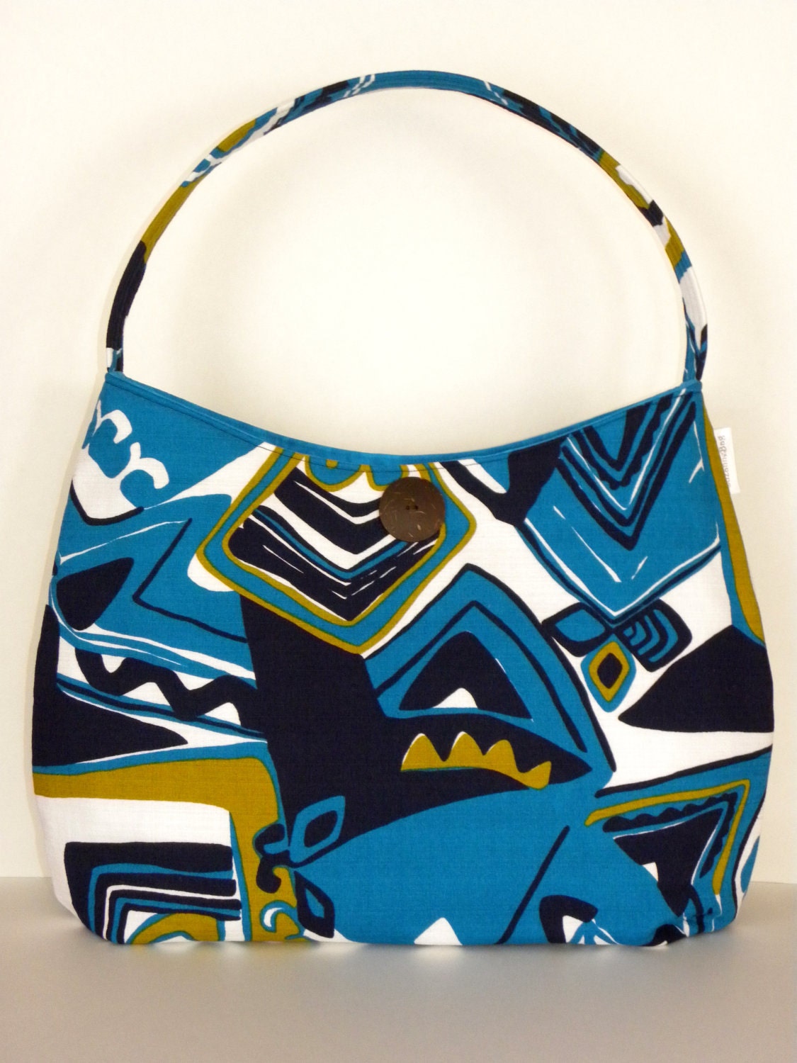 Vintage Fabric Hobo/Tote - Blue Abstract Tiki Barkcloth