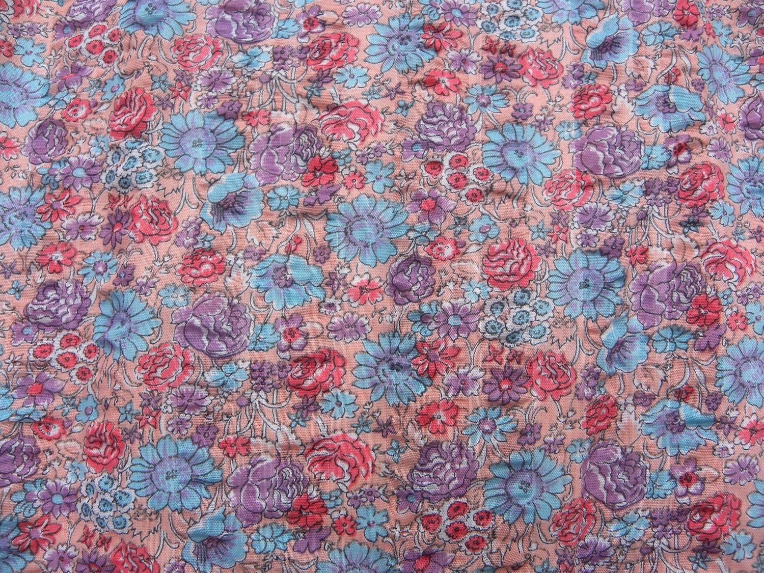 Vintage '70s Cotton Fabric - Pink, Purple and Blue Puckered Floral