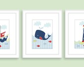 Childrens Art Prints, Nursery wall art, Baby nursery decor, Whale, Lighthouse and Tugboat - Set of three 5x7
