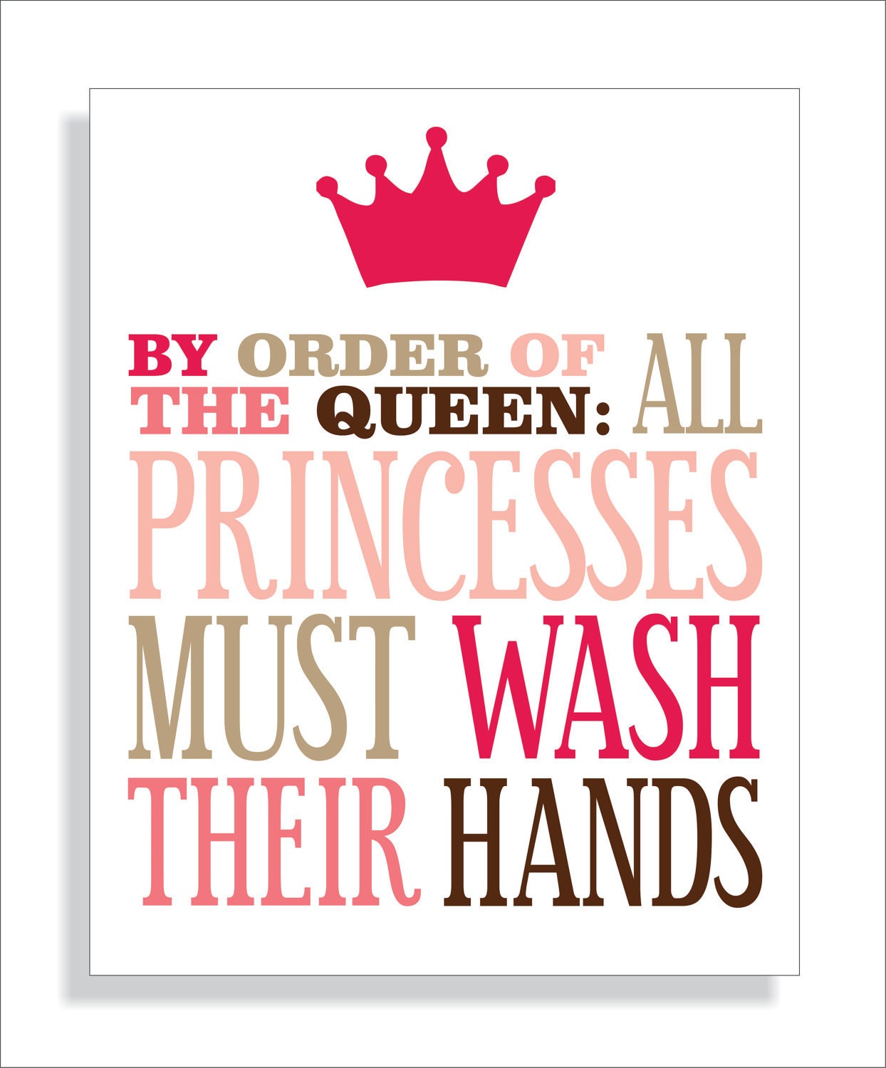 Princess Bathroom Art Print, Girls bathroom wall decor- Wash Your Hands-8x10 Kids Wall Art Typography