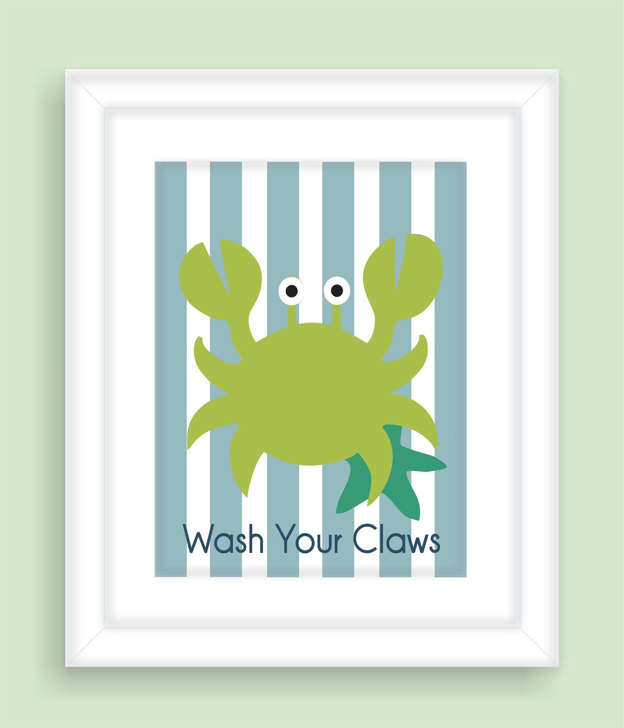 Children's Bathroom Wall Art, Nursery Print, Crab and Starfish - 8x10 in light blue and green Wash your Claws