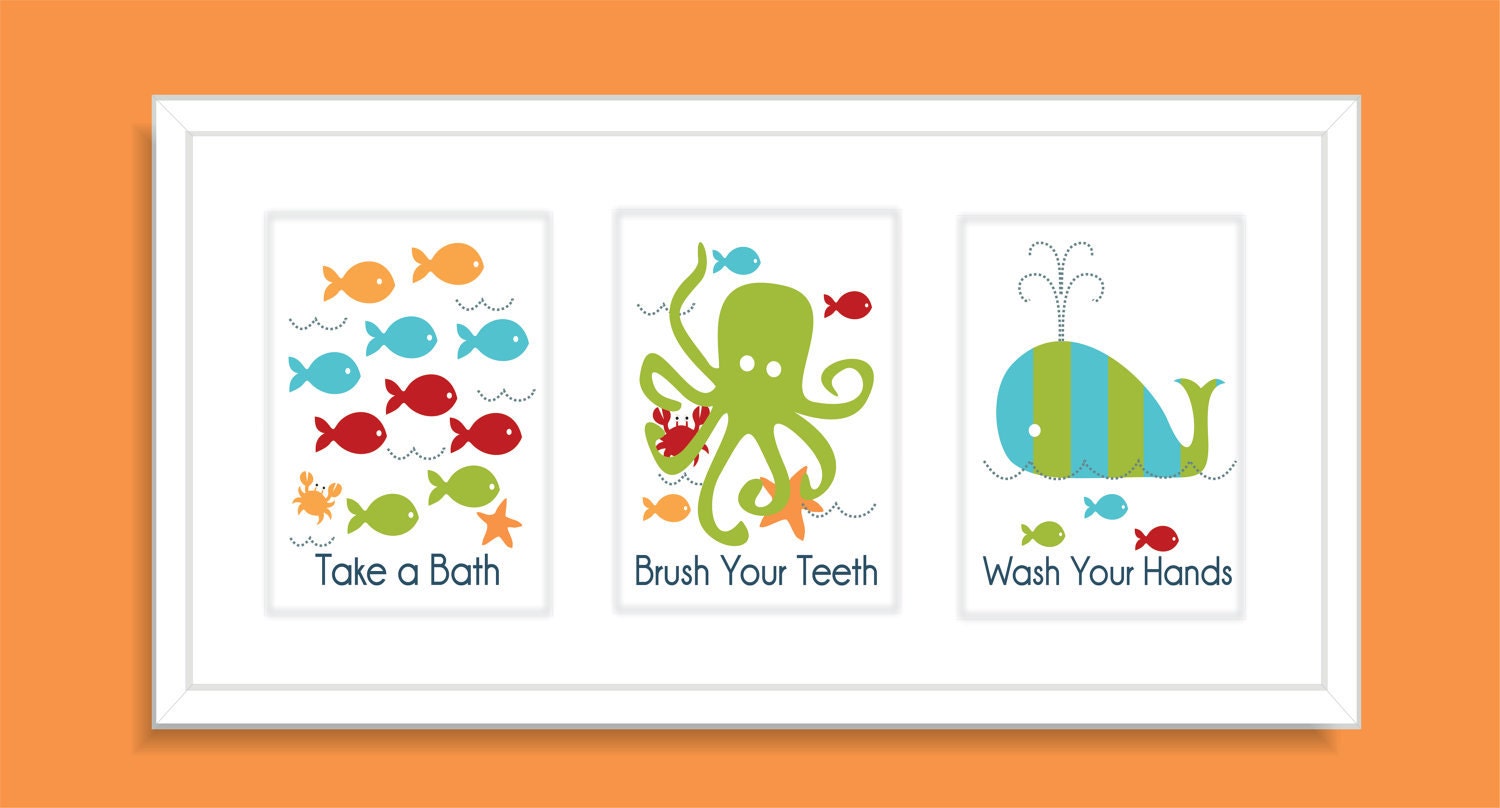 Fish, Octopus and Whale Children's Wall Art, Kid's Bathroom, Bathroom Decor, Children's Art Print, Nursery Decor- Set of three 8x10