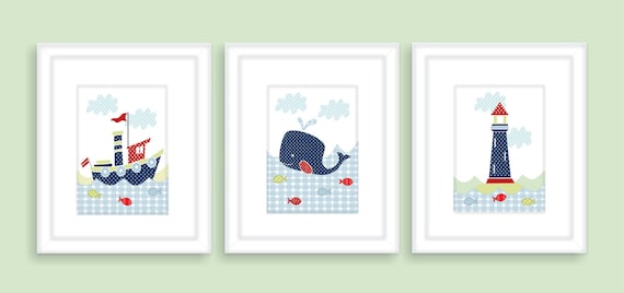 Nursery wall art, Childrens Art Prints, Baby Nursery art, Wall art for kids - Whale, Lighthouse and Tugboat, -Set of three 8x10