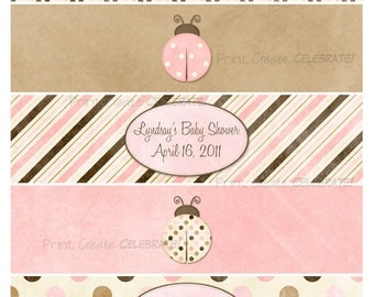 Water Bottle Labels, Pink and Brown Ladybug -- Digital Printable w/Personalized Text