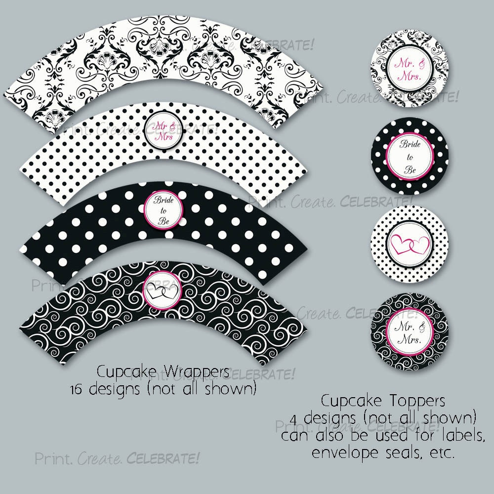 Black and White Bridal Shower Cupcake Toppers and Wrappers w/ Hot Pink Accent Color, Damask and Dots -- Digital Printable