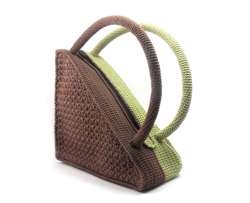 Crochet Triangle Bag, Brown High Fashion Geometric Olive Cotton, Spring Summer, Made to Order - CB0005 - Aimarro