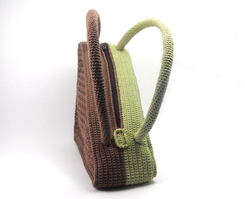 Crochet Triangle Bag, Brown High Fashion Geometric Olive Cotton, Spring Summer, Made to Order - CB0005 - Aimarro