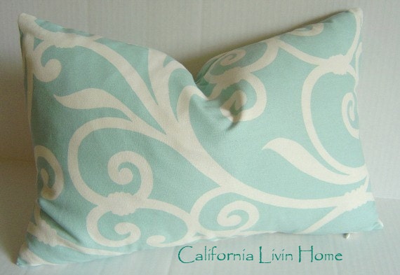 Romano Scroll Lumbar Pillow Cover / 12" x 20" / Aquamarine, Off White / Designer Indoor Fabric / Hidden Zipper Closure / SHIPS NEXT DAY