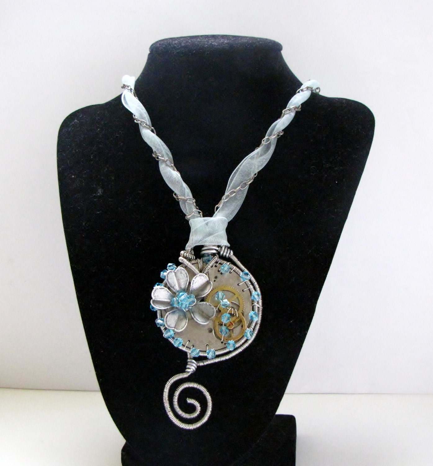 Steampunk Mixed-Media Necklace Wire Wrapped Vintage Pocket Watch Pendant Gears Swarovski Crystals - NeoVictorian Steam Punk - WEARABLE ART
