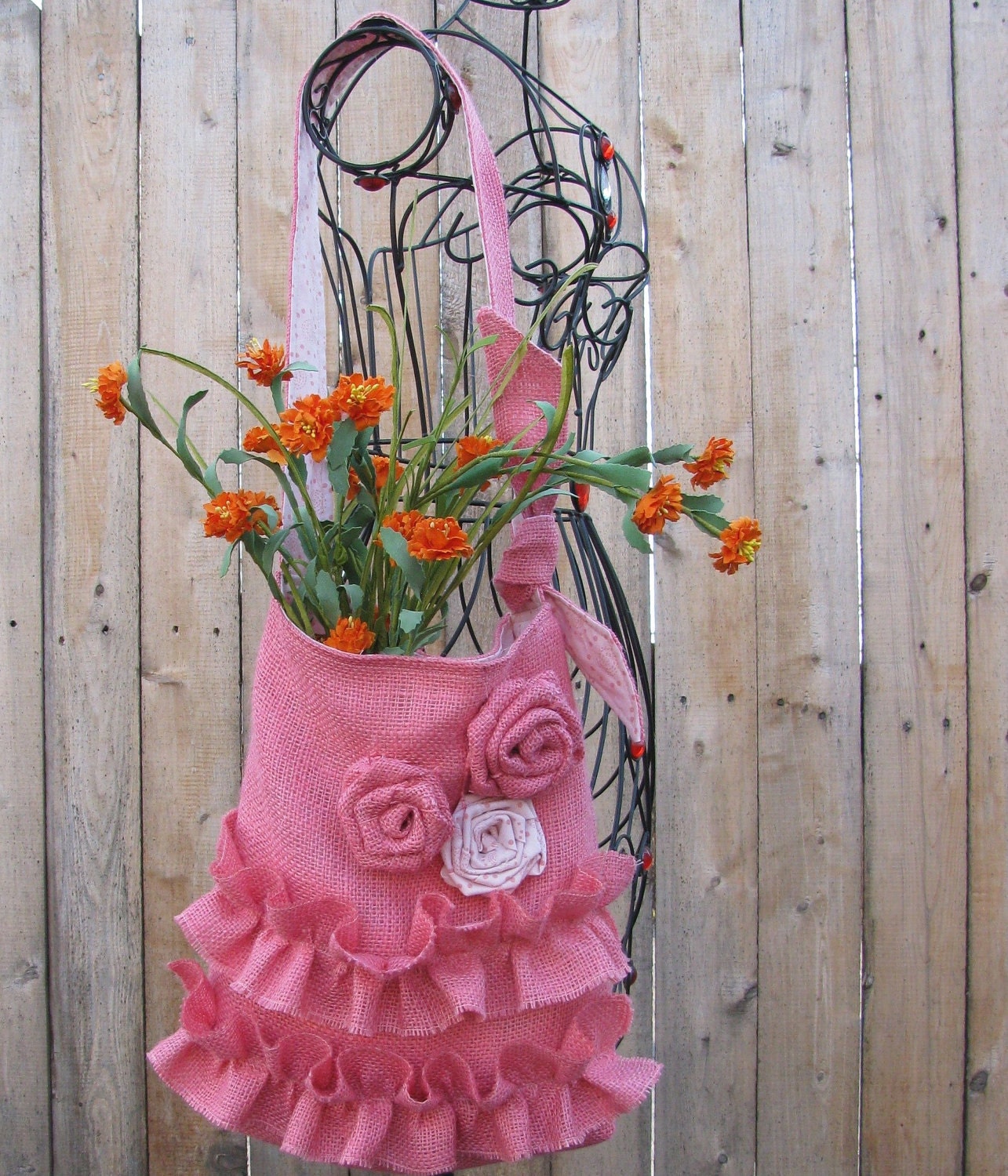 Pink Burlap Tote Bag  Ruffled  Shoulder Bag