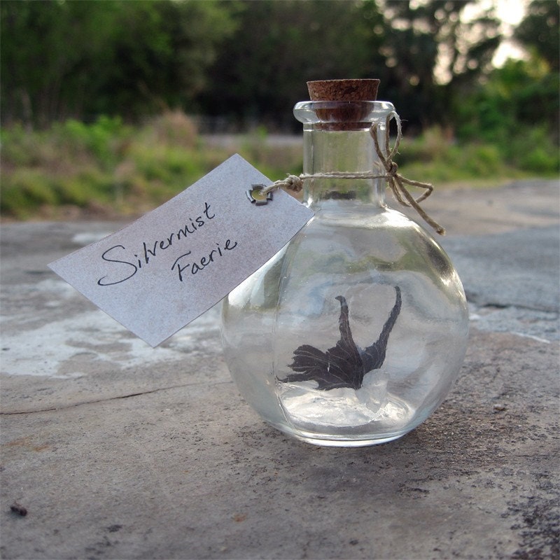 Fairy Bottle - Silvermist Faerie, Translucent with Black Wings MADE TO ORDER