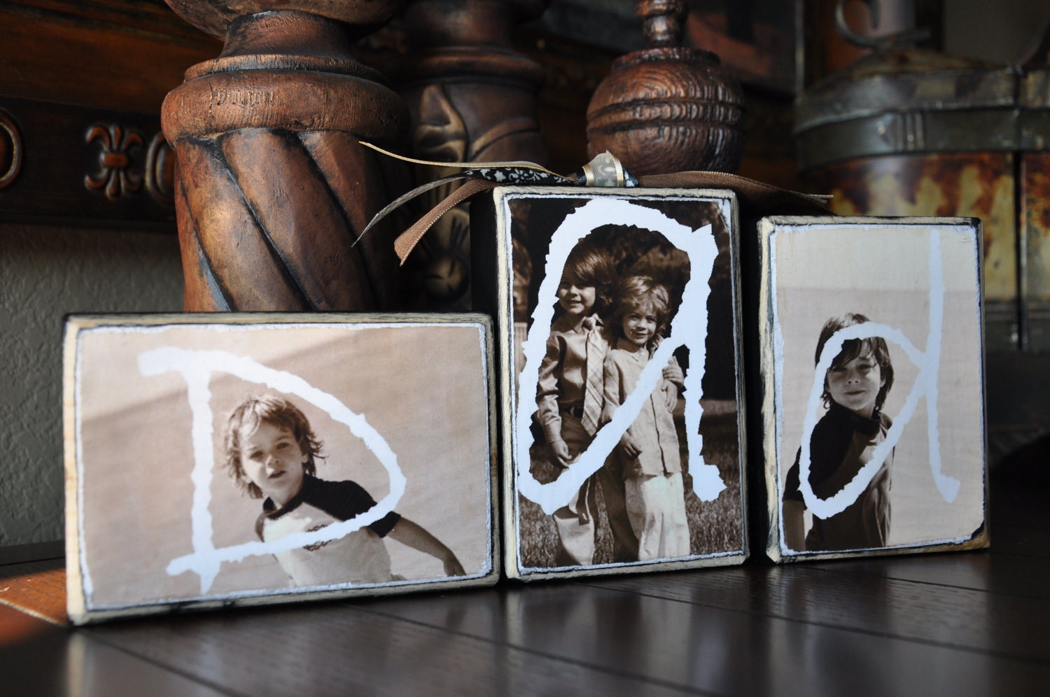 Set of 3 Personalized Photo Blocks / Wood Photo Blocks / Dad / Mom