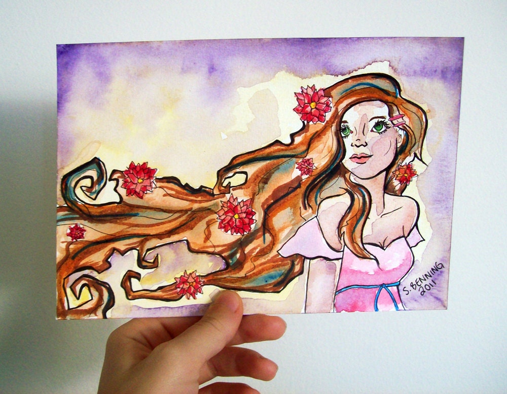 Flowergirl - Original Watercolour and Marker Painting 5.5x8