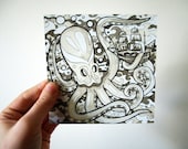 Black And White Ink Octopus - 5"x5" Matte Archival Print