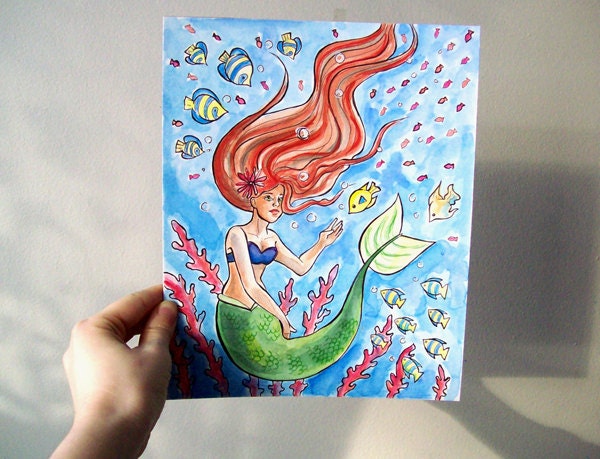 Original Watercolor Painting Artwork 8 x 10 Little Mermaid with Fishies