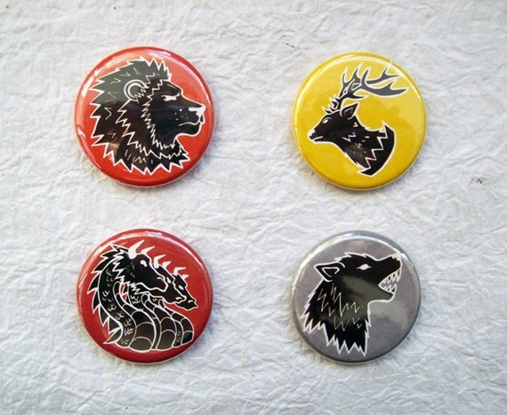 Game of Thrones Inspired - Lion , Stag , Wolf , Dragon - 1.25" Pinback Button Set of 4