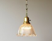 Small single brass pendant light with holophane shade, circa 1900