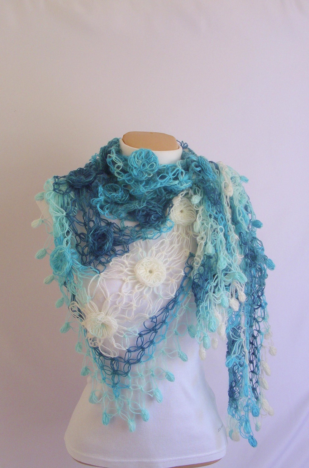 FREE SHIP 1 USD Ocean Blue -White Spring Flower Mohair Triangle Shawl