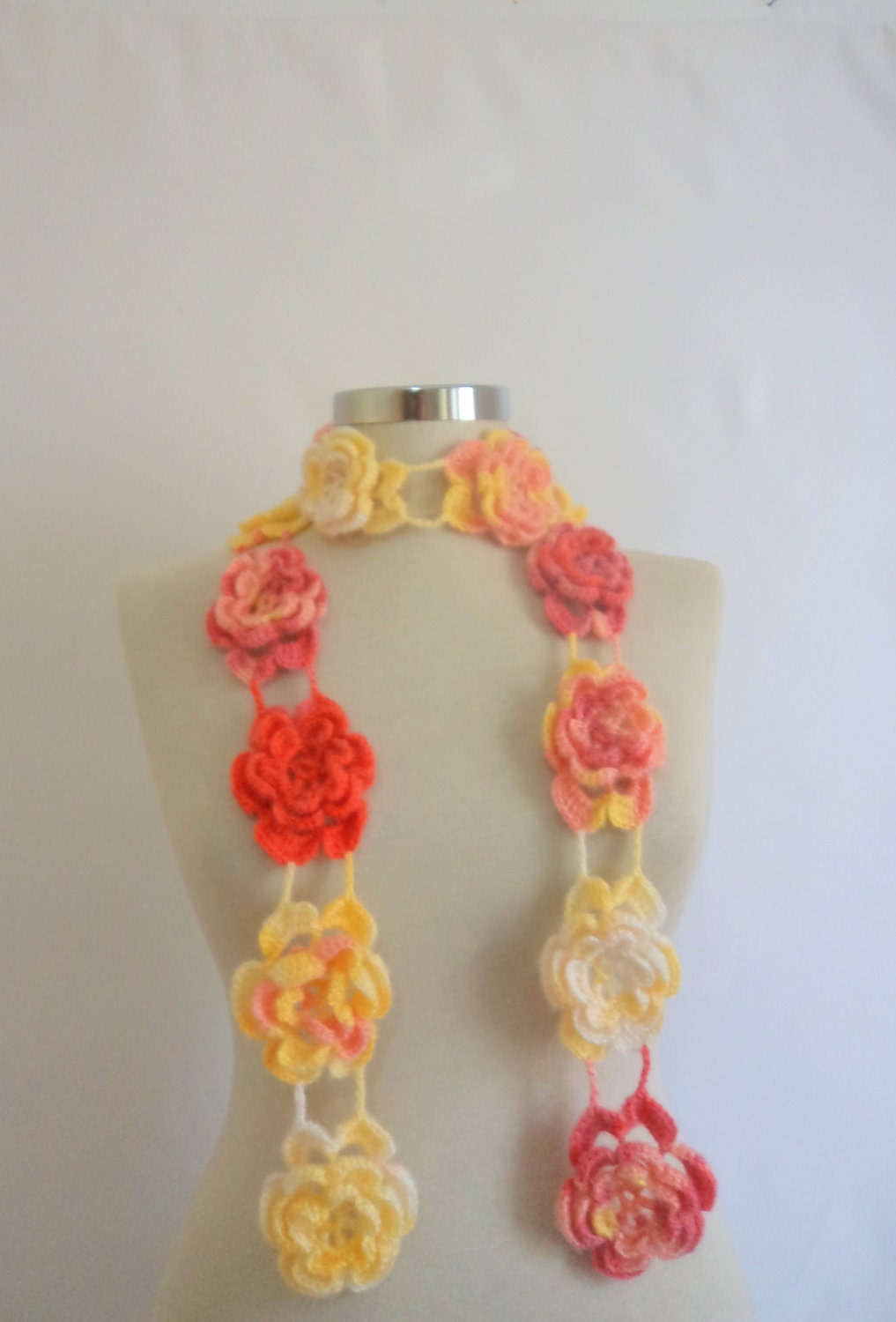 Floral Scarf red-yellow-white Necklace lacework shawl stole capelet cowl collar beaded crocheted