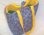 LadyBug Tote Bag Purse Handbag Polka Dots Daisies Ladybugs Blue Yellow Green Red White Flowers Fabric Bag