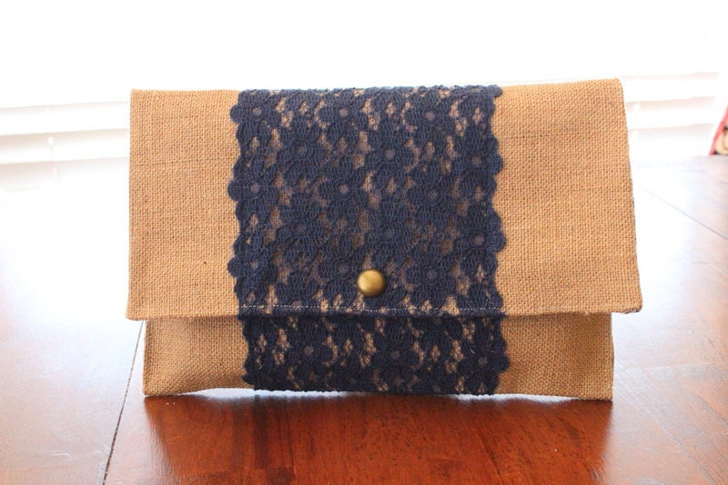 Navy Lace & Burlap Diapee and Wipee Clutch Style Case - Choice of Interior - Red Chevron or Navy Stripe Interior