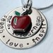 Hand Stamped Teacher Pendant with red apple charm