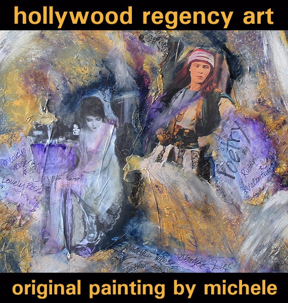 Silent Movies ORIGINAL ART Huge Textured Greta Garbo Rudolph Valentino Painting Old Hollywood Stars Hollywood Regency Decor Canvas 36x48